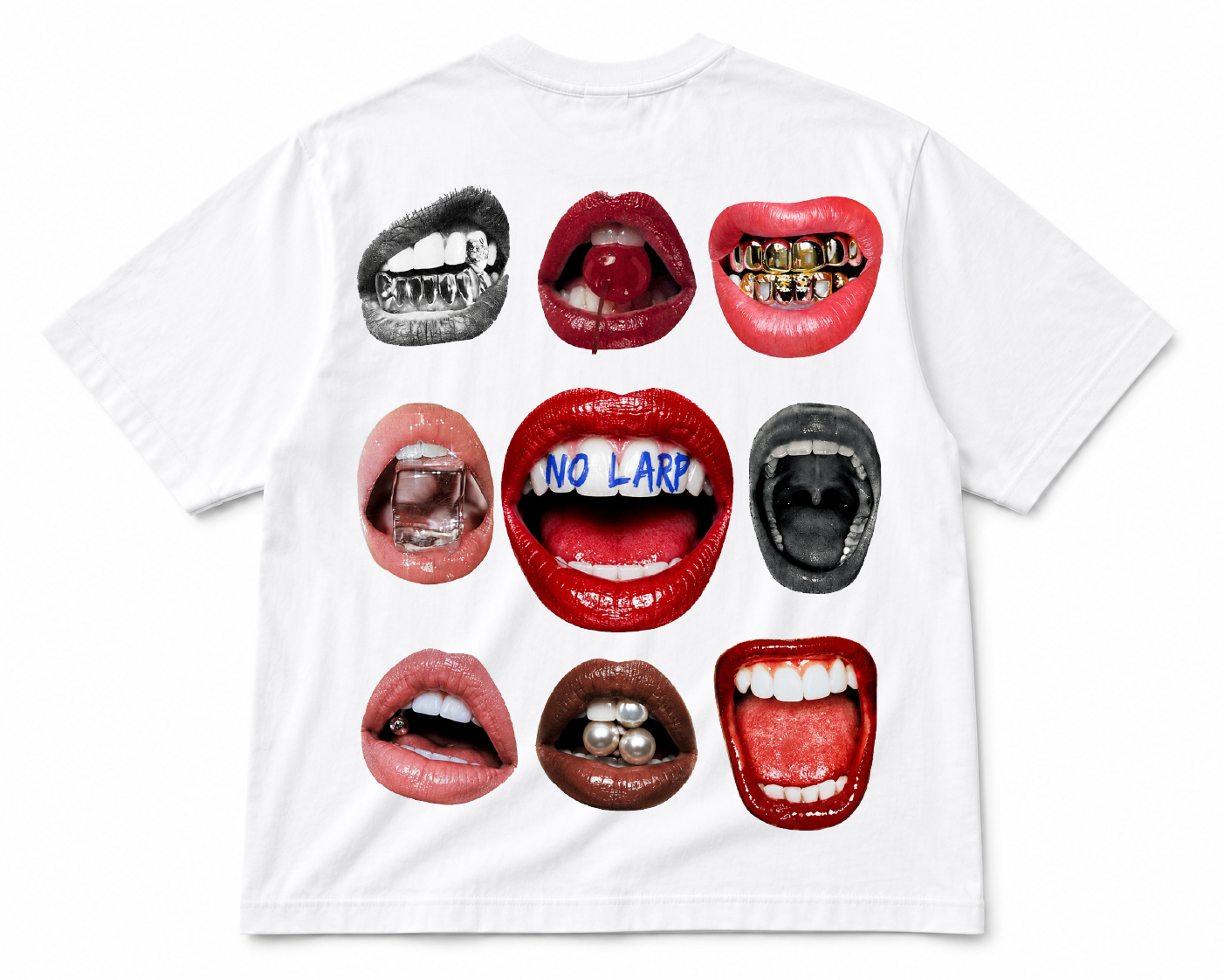 White No LARP graphic T-shirt, back view